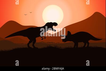 Silhouette de combat de dinosaures T-rex tyrannosaurus vs tricératops. Illustration vectorielle d'un combat de dinosaures sur fond de coucher de soleil jurassique. Illustration de Vecteur