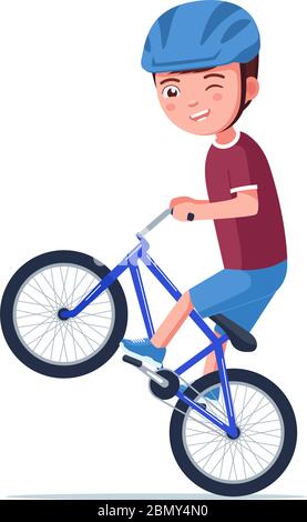 Garçon fait un vélo bmx sur la roue arrière. Illustration vectorielle personnage de dessin animé petit enfant avec casque faisant une roue sur un vélo isolé sur blanc. B Illustration de Vecteur