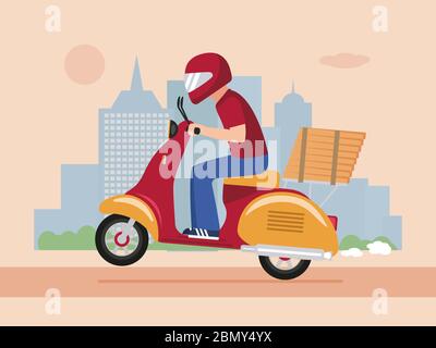 Livraison rapide de pizza sur un scooter. Illustration vectorielle d'un personnage de dessin animé homme de messagerie travaillant dans un service de livraison de pizza sur un scooter autour de la c Illustration de Vecteur
