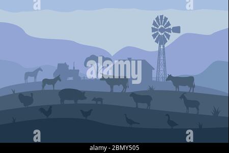 Animaux de ferme. Bétail sur le fond du village, village rural. Illustration vectorielle de la silhouette des animaux de ferme dans l'obscurité. Même paysage Illustration de Vecteur