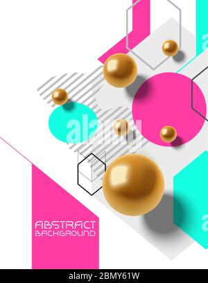 Arrière-plan vectoriel abstrait chaotique avec primitives géométriques, sphères dorées, arrière-plan de conception tendance Illustration de Vecteur