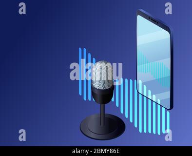 Podcast Isométrique 3d illustration, radio de musique ou concept de blog audio. Illustration de l'enregistrement audio, application karaoké pour smartphone Illustration de Vecteur