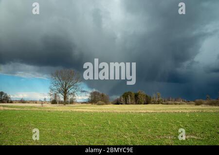 Gros nuage foncé avec neige et pluie au-dessus de prairie verte Banque D'Images