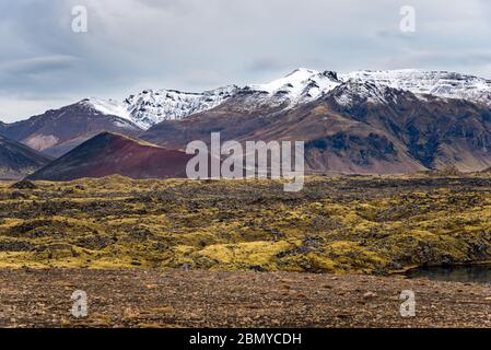 Paysage volcanique spectaculaire avec une plaine de lave couverte de mousse avec des montagnes enneigées en arrière-plan, le jour d'automne couvert Banque D'Images