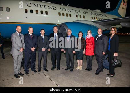 Le secrétaire d'État Michael Pompeo rencontre le personnel de l'ambassade des États-Unis à Moscou le 14 mai 2019 à Sotchi, en Russie, pour discuter de questions diplomatiques et renforcer les relations bilatérales entre les États-Unis et la Russie. Banque D'Images