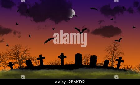 Illustration d'un cimetière abandonné en silhouette contre un ciel orange avec des nuages noirs couvrant la lune et des chauves-souris volantes dans toutes les directions Banque D'Images