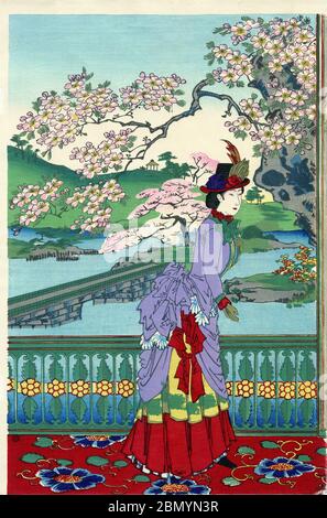 [ 1880 Japon - Femme japonaise dans les vêtements occidentaux ] — impression de blocs de bois Ukiyoe d'une femme japonaise dans les vêtements occidentaux regardant la fleur de cerisier. Publié en septembre 1887 (Meiji 20). Titre japonais original: '開花貴婦人競'. Imprimé Ukiyoe vintage du XIXe siècle. Banque D'Images