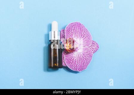 Une bouteille compte-gouttes en verre cosmétique et une belle orchidée pourpre sur fond bleu. Concept de cosmétiques nature. Banque D'Images
