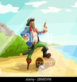 pirate avec trésor sur la plage Illustration de Vecteur