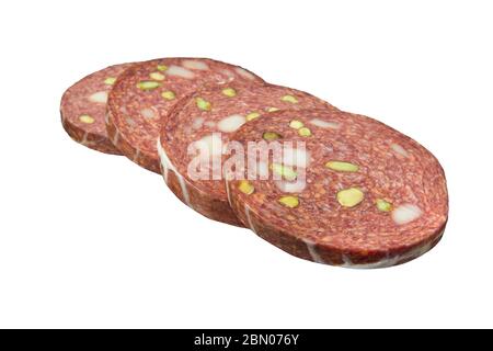 Traditionnel Balkan Sucuk spécialité tranché de saucisse salami sur fond blanc . Saucisse des Balkans ( Balkan Sucuk). Banque D'Images