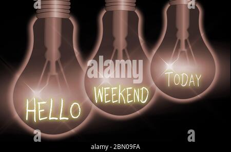 Texte d'écriture Bonjour week-end. Photo conceptuelle escapade aventure vendredi invitation à la détente positivité Banque D'Images