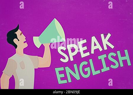 Symbole textuel indiquant parler anglais. Photo d'affaires présentant l'étude une autre langue étrangère cours de langue verbale en ligne Homme en chemise tenir debout parlant Banque D'Images