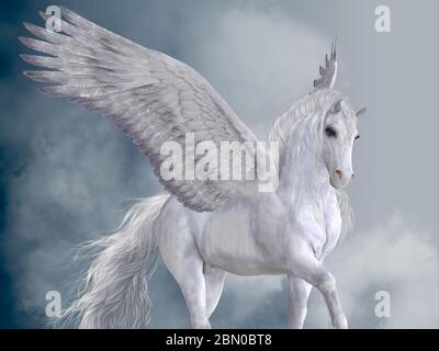 Le cheval Pegasus est une créature ailé magique qui est légendaire de la mythologie grecque. Banque D'Images