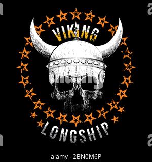 Motif vectoriel pour t-shirt à tête de mort avec casque viking, avec un cercle d'étoiles orange sur fond noir. Illustration de Vecteur
