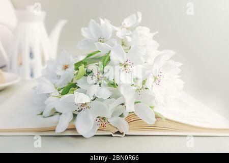 bouquet blanc luxuriant de fleurs fraîches avec des feuilles vertes sur un papier blanc ouvert, théière en porcelaine blanche sur le fond. Temps de lecture, été Bright Mo Banque D'Images