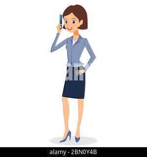 Vecteur de personnage de femme d'affaires. Une femme d'affaires souriante et enjouée avec un smartphone. Femme personnage d'affaires isolé sur fond blanc Illustration de Vecteur