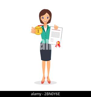 Femme d'affaires gagnante, concept de réussite. Femme souriante et enthousiaste en costume d'affaires, avec médaille d'or et certificat. Vecteur de personnage de dessin animé isolé Illustration de Vecteur