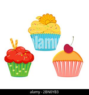 Ensemble de petits gâteaux vectoriels, muffins avec différentes garnitures et boîtes. Garniture crème avec arrosettes, collection de cupcakes isolée sur blanc. Super comme web ico Illustration de Vecteur