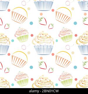 Motif vectoriel élégant sans couture avec différents petits gâteaux. Une ligne de style doodle unique dessinant un fond de nourriture avec dessert comme thème principal. Cuisine à thème avec Illustration de Vecteur