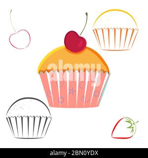 Ensemble de petits gâteaux aux baies de cerisier. Contour de muffin aux fruits de cerise, dessin de ligne. Idéal comme icônes de Web, éléments de conception ou étiquettes, papier d'emballage Illustration de Vecteur