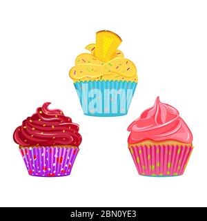 Ensemble de petits gâteaux vectoriels, muffins avec différentes garnitures et boîtes. Garniture crème avec arrosettes, collection de cupcakes isolée sur blanc. Super comme web ico Illustration de Vecteur