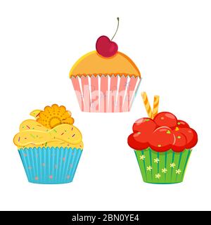 Ensemble de petits gâteaux vectoriels, muffins avec différentes garnitures et décorations. Collection de petits gâteaux différents isolée sur blanc. Idéal comme icônes Web, design e Illustration de Vecteur