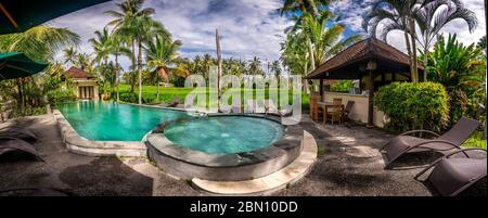 Vue sur la piscine à Bali, Indonésie, arbres verts et ciel bleu Banque D'Images