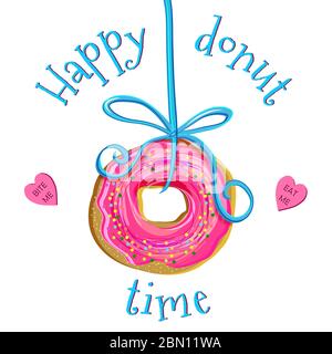 Illustration vectorielle créative à la main de donut avec glaçage rose accroché à un ruban bleu. Bonbons en forme de coeur avec des mots me mangent et peu Illustration de Vecteur