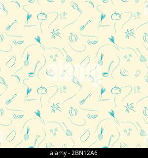 Motif vectoriel sans couture avec légumes dessinés à la main et appareils de cuisine. Décor unique sur le thème de la cuisine de style doodle. Cuisiner, manger sainement Illustration de Vecteur
