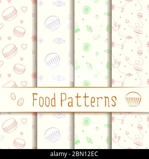 Ensemble de motifs vectoriels rétro avec éléments dessinés à la main, desserts et bonbons. Collection de plats uniques et élégants sans couture avec dessert AS Illustration de Vecteur