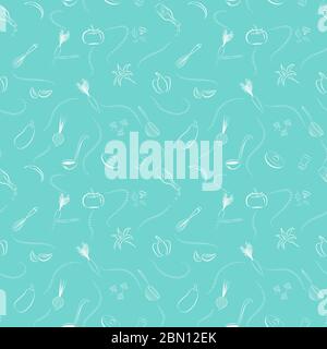 Motif vectoriel sans couture avec légumes dessinés à la main et appareils de cuisine. Décor unique sur le thème de la cuisine de style doodle. Cuisiner, manger sainement Illustration de Vecteur