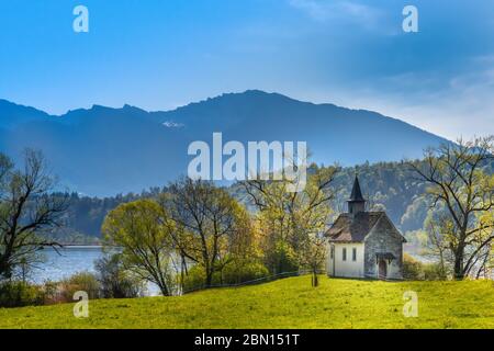 L'historique Saint Meinrad Chappel est situé dans une péninsule idyllique sur les rives du lac supérieur de Zurich, près de Bollingen, St. Gallen, Suisse Banque D'Images