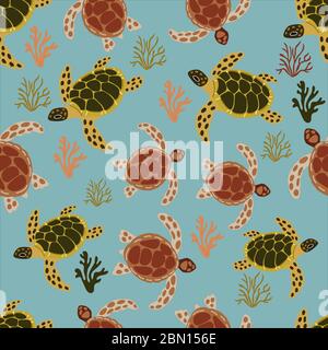 Motif sans couture avec tortues et coraux marins, sur fond bleu, en style caricatural. Pour la conception de textiles, papier d'emballage, tirages pour couvertures de Illustration de Vecteur