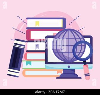 éducation en ligne, monde informatique livres empilés loupe illustration vectorielle Illustration de Vecteur
