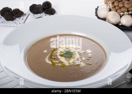 Soupe à la crème italienne aux champignons sauvages. La soupe crémeuse aux champignons est une soupe si copieuse et chaude et si bonne pour une journée d'hiver, cette soupe aux champignons lisse est très populaire Banque D'Images