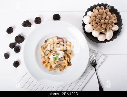 Pâtes d'orecchiette avec ceps, tomates cerises, gratin de ricotta, truffes fraîches et champignons sauvages. L'orecchiette est une pâte typique d'Apulia, une région o Banque D'Images