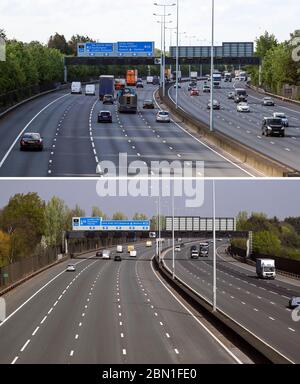 Image composite montrant le trafic sur l'autoroute M25 près d'Egham, Surrey, aujourd'hui (en haut) et le 09/04/20 (en bas), après que le Premier ministre Boris Johnson a déclaré que les personnes qui ne peuvent pas travailler de chez elles devraient être "activement encouragées" à retourner à leur travail à partir de lundi. Banque D'Images