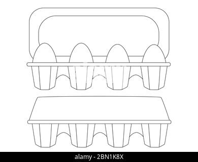 Œufs de poulet dans le plateau de carton en papier boîte à œufs ouverture et fermeture à plat illustration vectorielle isolée sur fond blanc silhouette de style de contour Illustration de Vecteur