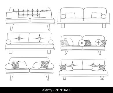 Ensemble de canapé contour collection mobilier en bois avec oreillers plat vecteur illustration isolée sur fond blanc Illustration de Vecteur