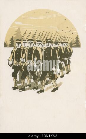 [ 1900 Japon - les soldats japonais marchent ] — dessin de soldats japonais le mars. D'une série de vie militaire imprimée par Toppan Printing Co., Ltd. (凸版印刷株式会社印行) pour le secrétariat du ministre de la guerre (陸軍大臣官房). carte postale vintage du xxe siècle. Banque D'Images