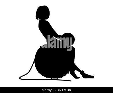 Silhouette noire mignonne femme assise sur la grande boule de laine plate abstrait illustration isolée sur fond blanc Illustration de Vecteur