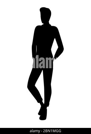 Noir silhouette mignon jeune homme de mode décontracté vêtements dessin animé personnage dessin vectoriel plat illustration isolée sur fond blanc Illustration de Vecteur