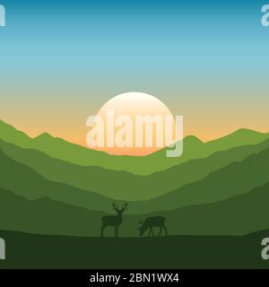 Faune et flore cerf sur paysage de montagne d'automne au coucher du soleil illustration vecteur EPS10 Illustration de Vecteur