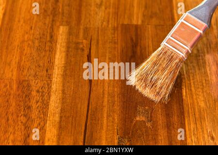 Appliquer de l'huile de protection sur un meuble en bois. Vernissage du plan de table en bois d'acacia. Vue rapprochée d'un pinceau. Travaux ménagers. Banque D'Images