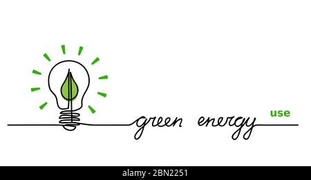 Utilisez de l'énergie verte. Lampe, ampoule et feuille verte. Une bannière de ligne continue, arrière-plan, concept avec le lettrage vert énergie Illustration de Vecteur