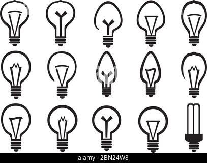 Ensemble d'illustrations vectorielles minimalistes noir et blanc des ampoules, symbolisme pour des idées lumineuses, isolées sur fond blanc. Illustration de Vecteur