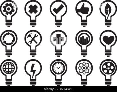 Ampoules à incandescence avec symboles conceptuels. Ensemble d'icônes vectorielles noir et blanc isolées sur fond blanc. Illustration de Vecteur