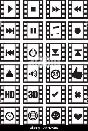 Ensemble de dessins d'icônes vectorielles de médias et de symboles audio avec cadre de film négatif photographique isolé sur fond blanc. Illustration de Vecteur