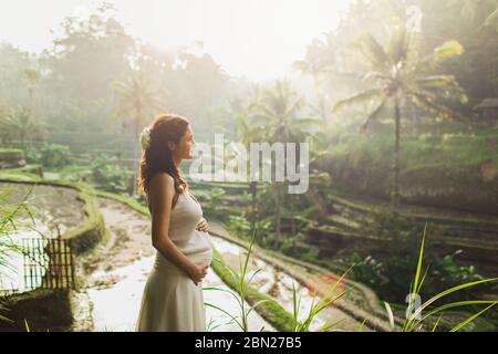 Jeune femme enceinte en robe blanche avec vue sur les rizières en terrasses de Bali dans la lumière du soleil du matin. Harmonie avec la nature. Concept de la grossesse. Banque D'Images