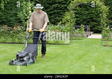 Homme ou jardinier tonant une pelouse dans un jardin en été avec une tondeuse, Royaume-Uni Banque D'Images